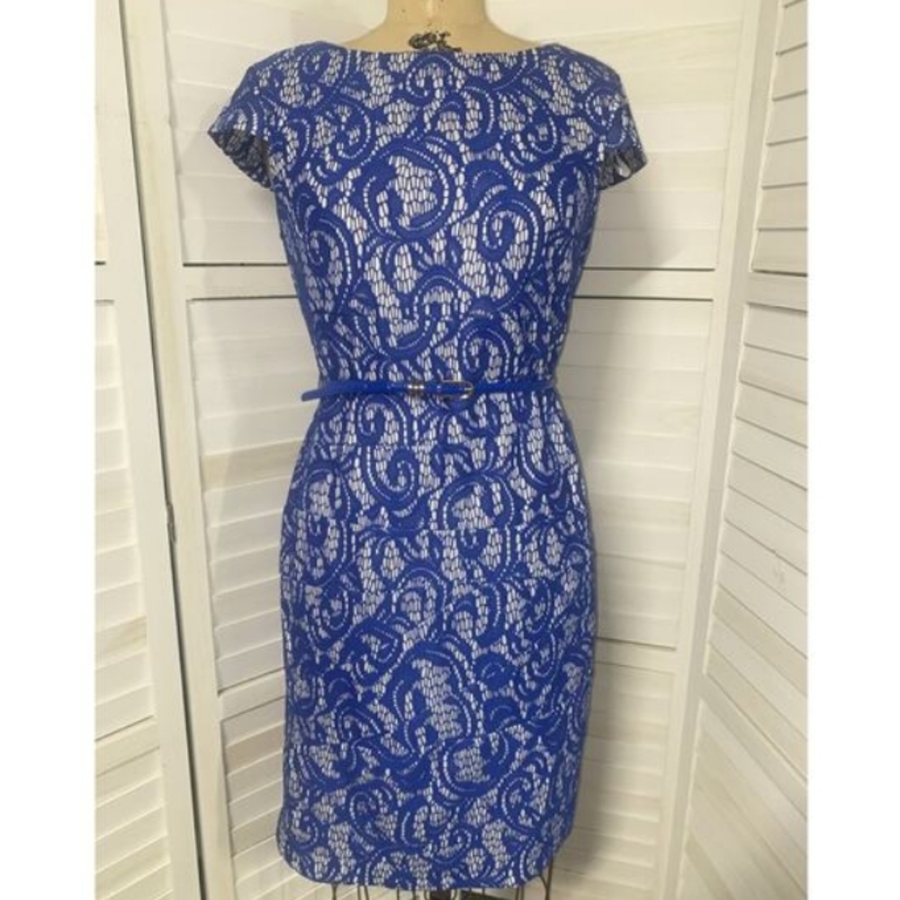 Alyx Royal Blue Lace Sheath Dress with Slim Belt